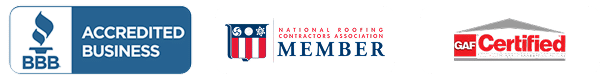 Trust logos for Rainforcing Roofing: BBB Accredited, NRCA Member, and GAF Certified roofing company designations.
