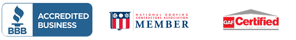 Trust logos for Rainforcing Roofing: BBB Accredited, NRCA Member, and GAF Certified roofing company designations.