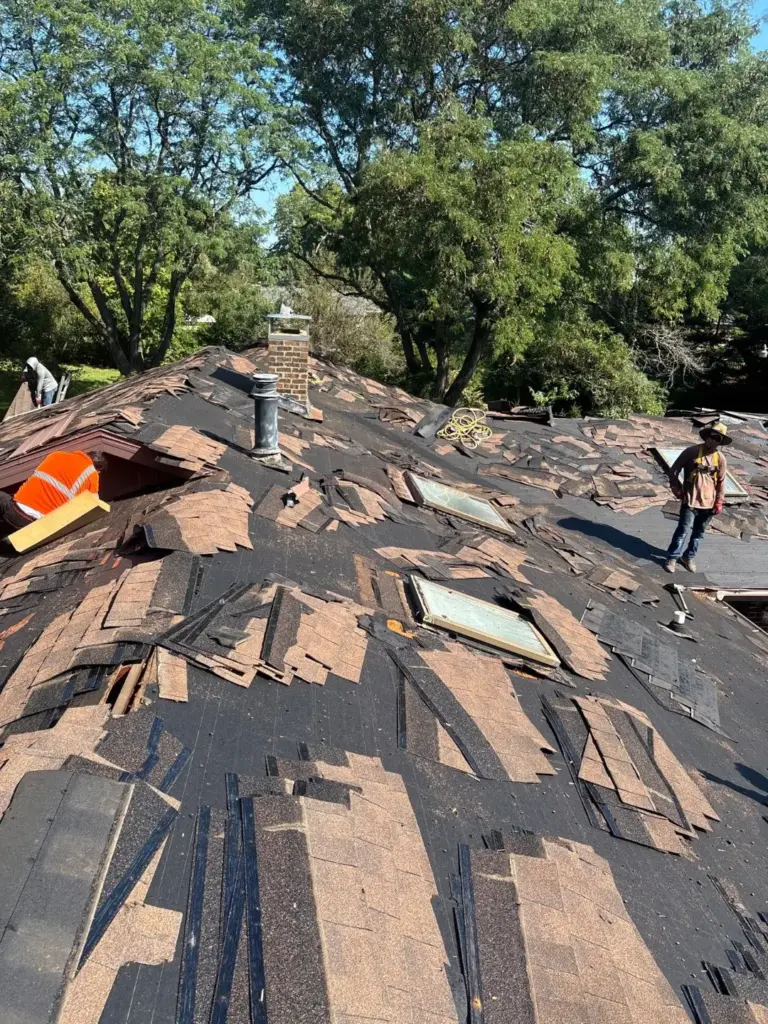 Roofing crew tearing off old shingles from a roof with skylights, a chimney and exposed black underlayment